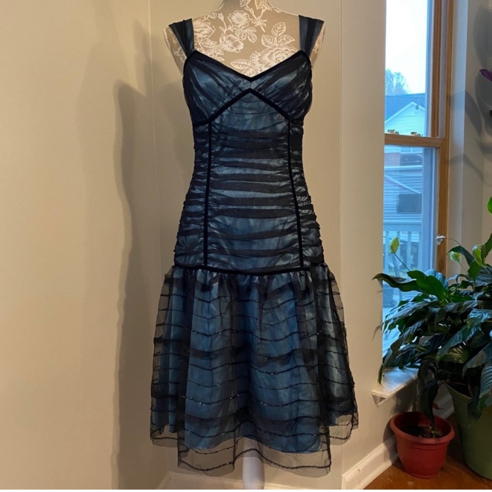 Papell Boutique Teal & Black Mesh Ruched Midi